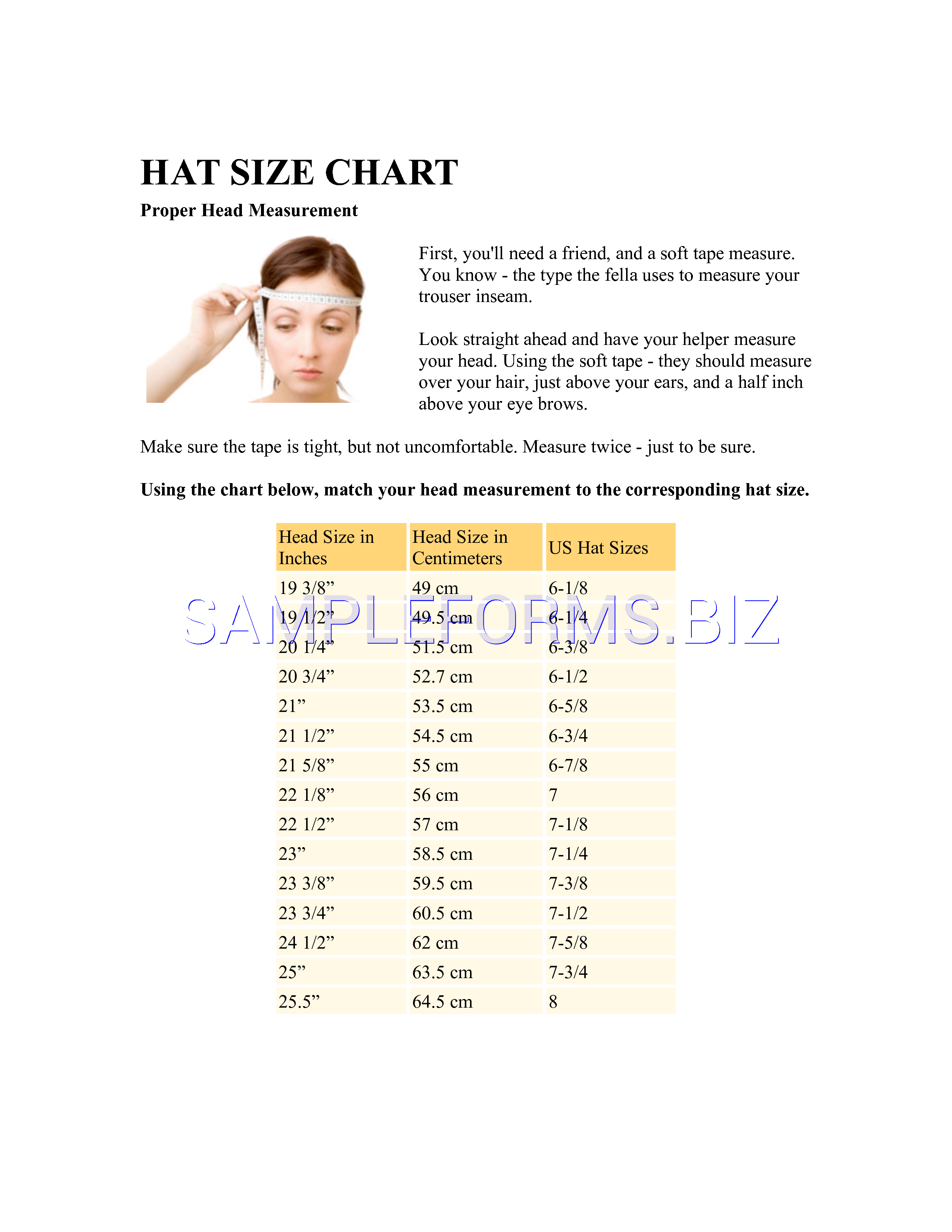 Preview free downloadable Hat Size Chart in PDF (page 1)